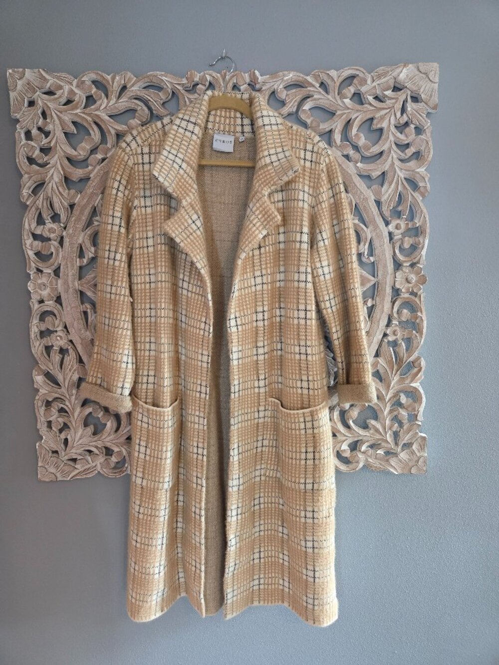Cyrus Plaid Knit Longline Open-Front Coatigan Sweater Jacket